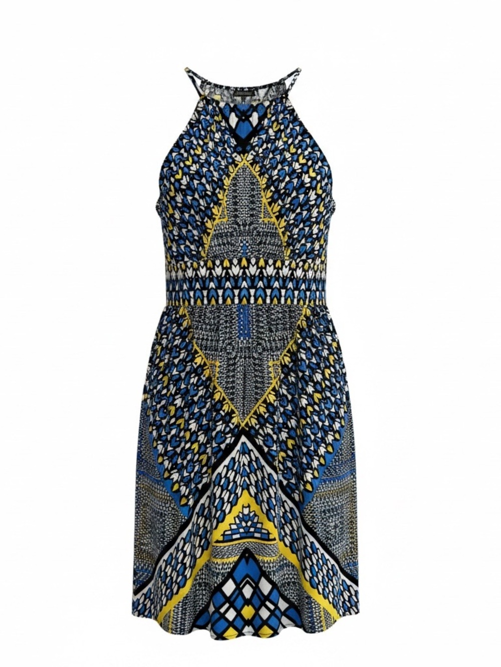 London Times Blue, Yellow & Black Halter Midi Dress - Size 8
